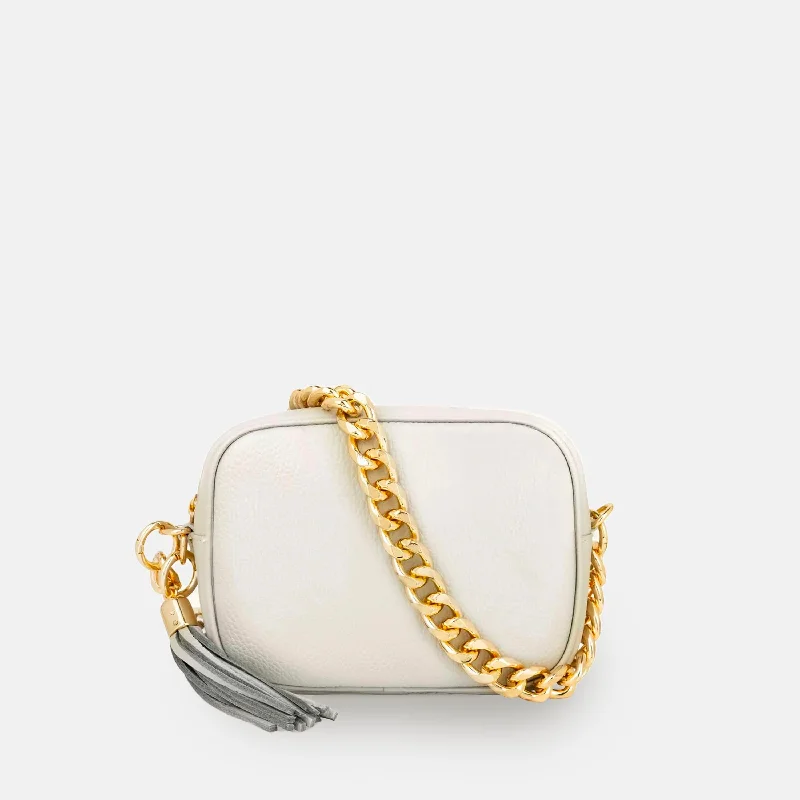 Women's crossbody bag sleek shape -Light Grey Leather Crossbody Bag With Gold Chain Strap