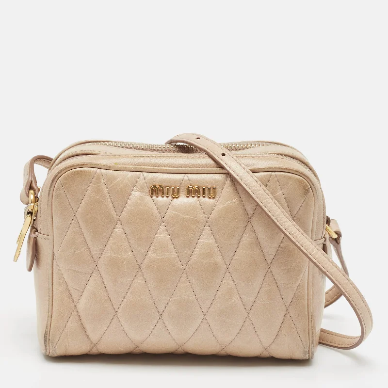 Women's crossbody bag trendy bag -Miu Miu Beige Matelassé Leather Double Zip Camera Crossbody Bag