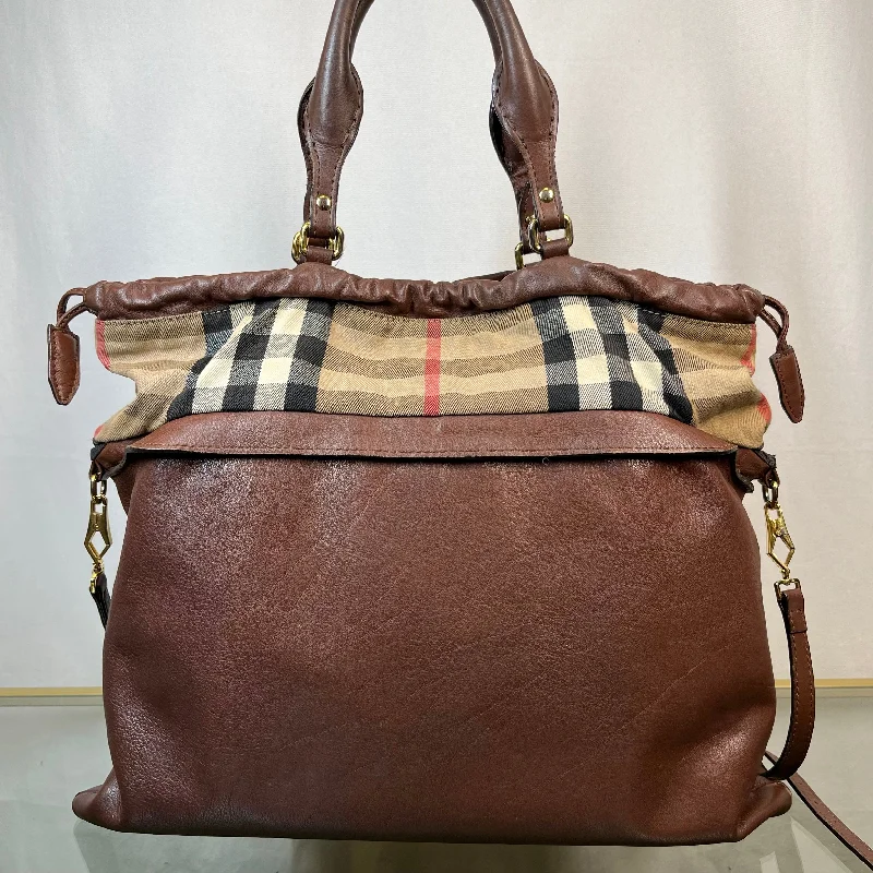 Women's tote bags boho -BURBERRY House Check Big Crush Brown Canvas and Leather Tote Bag