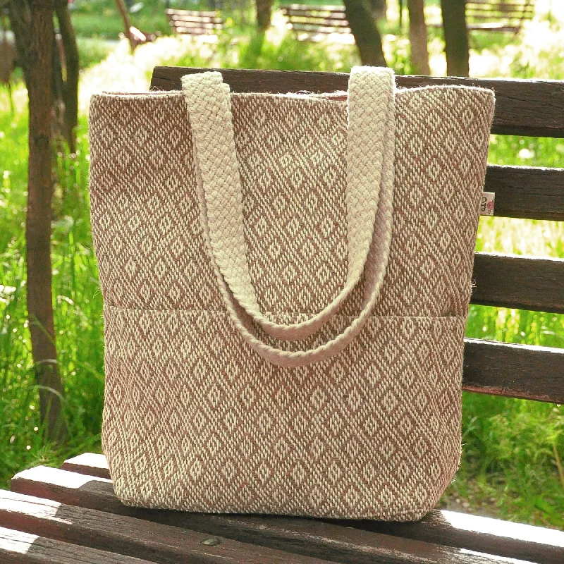 Women's tote bags streetwear -Beige and White Wool Tote Bag Hand-Woven in Armenia - Always Stylish