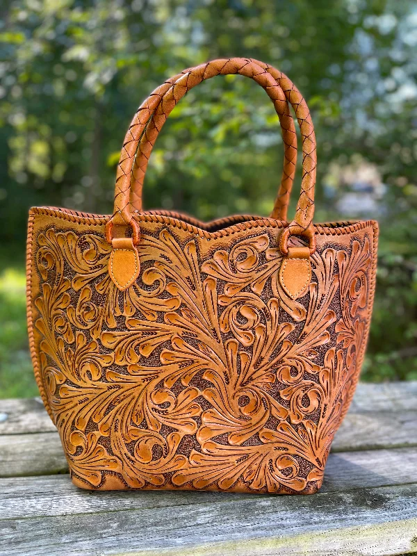 Women's tote bags fringed-style -Genuine Hand-Tooled Leather Tote, "IBIZA" by ALLE, more colors