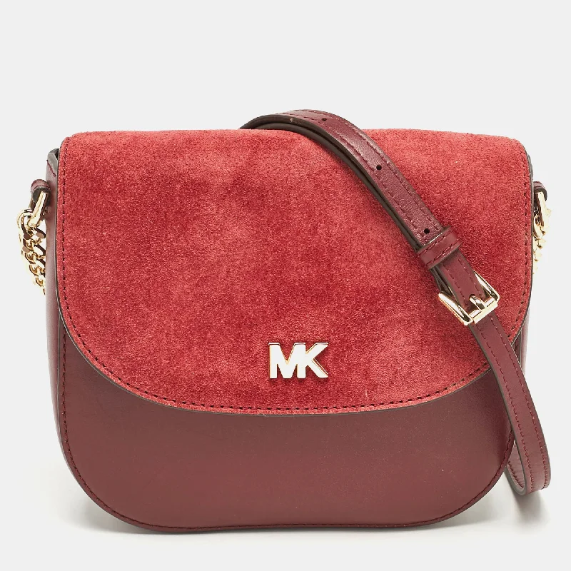 Women's crossbody bag snug fit -Michael Kors Burgundy Leather And Suede Half Dome Crossbody Bag