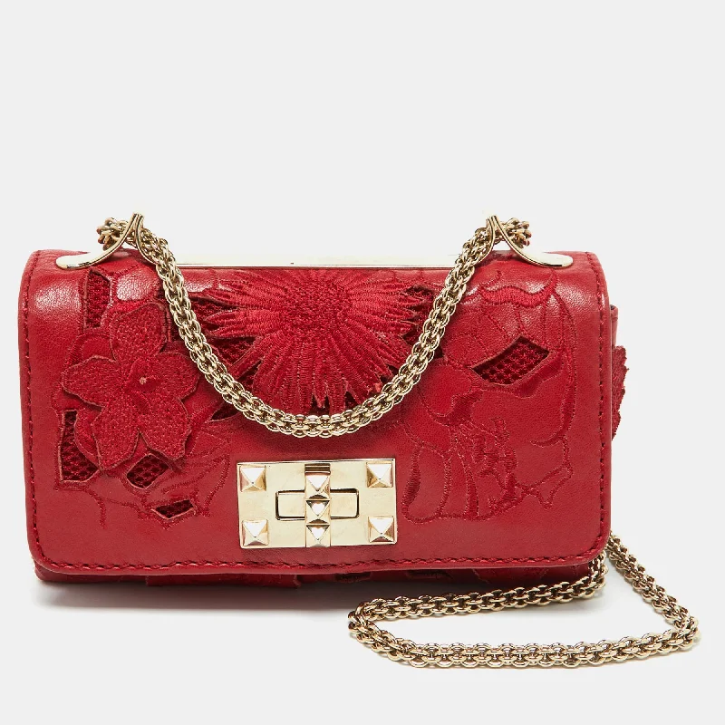 Women's crossbody bag quick-access pocket -Valentino Red Leather And Lace Va Va Voom Chain Crossbody Bag