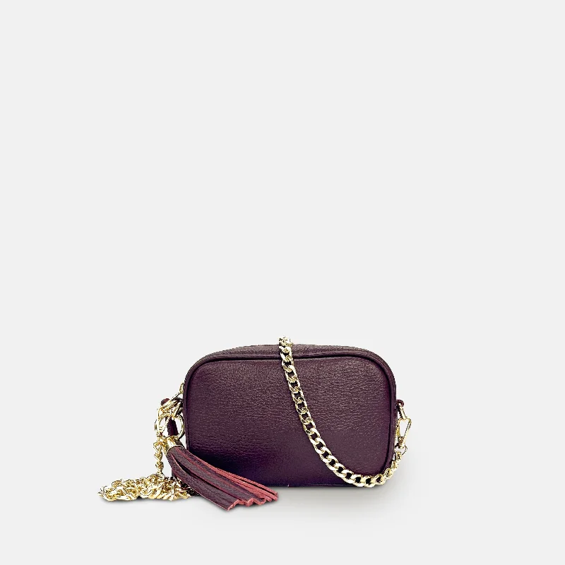 Women's crossbody bag precise fit -The Mini Tassel Port Leather Phone Bag With Gold Chain Crossbody Strap