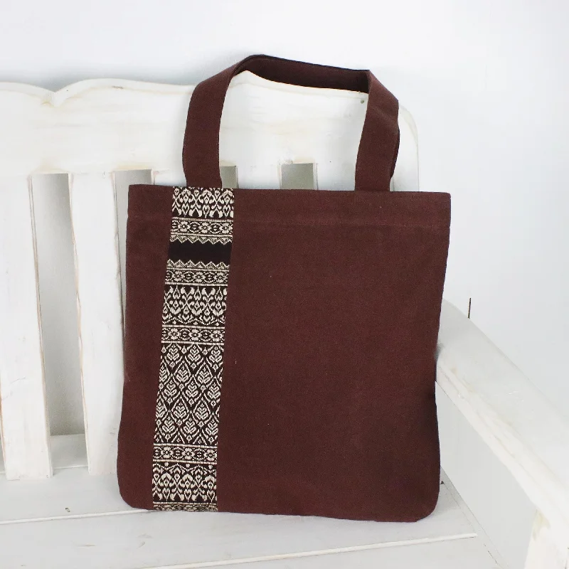 Women's tote bags seasonal -Embroidered Thai Style Brown Cotton Tote Bag - Chiang Mai Lanna