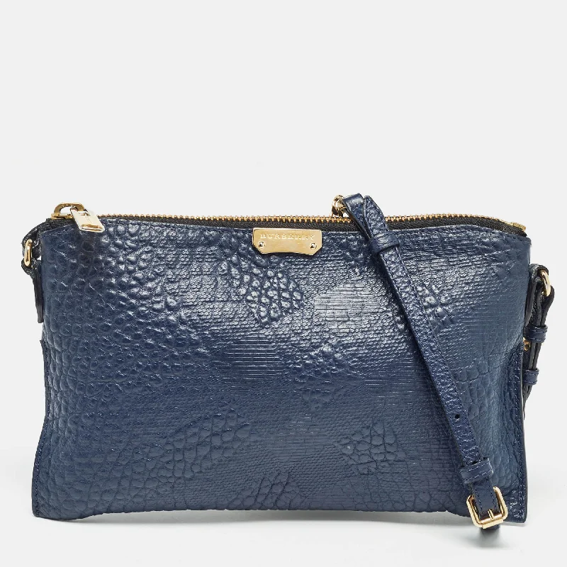 Women's crossbody bag budget set -Burberry Navy Blue Grain Check Embossed Leather Peyton Crossbody Bag