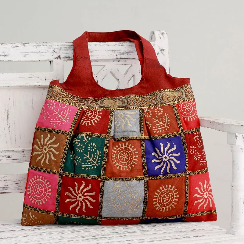 Women's tote bags neutral -Red Tote Handbag with Golden Block Prints - Crimson in Kutch