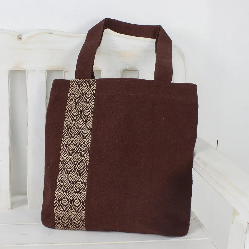 Women's tote bags clearance -Tote Bag in Brown Cotton with Cream Embroidery - Chiang Mai Blossom