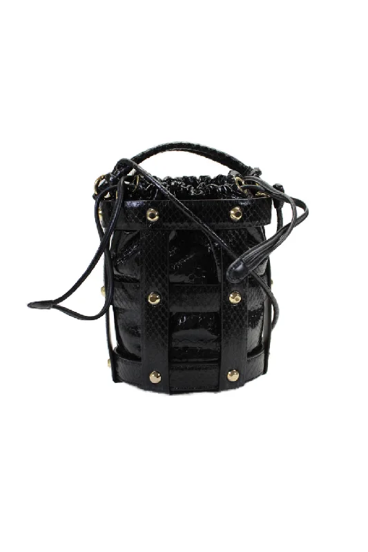 Women's bucket bag squad sale -Salvatore Ferragamo Womens Leather Cage Drawstring Studded Bucket Handbag Black