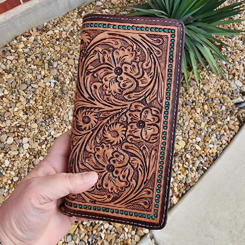 Women's wallet fashion ensemble -American Darling Tooled Leather & Turquoise Dot Wallet