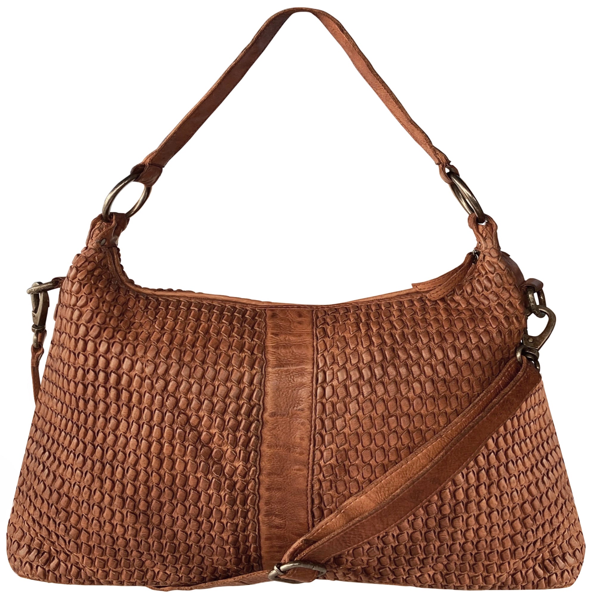 Women's tote bags boho-style -Leather Hand-Woven Tote Shoulder Bag for Women, Cognac