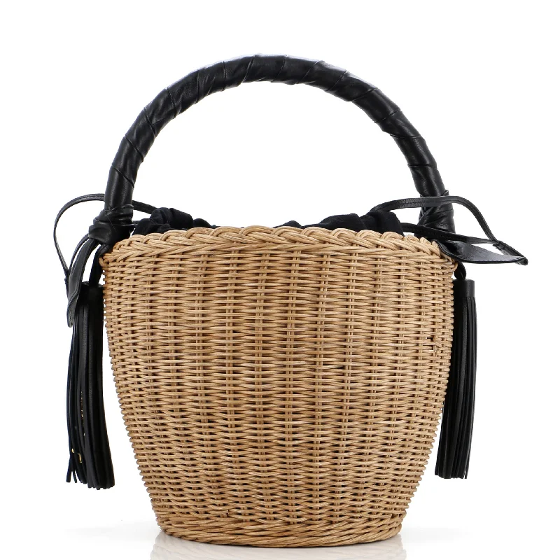 Women's bucket bag custom pattern -Panier Tassel Round Bucket Bag Wicker with Leather