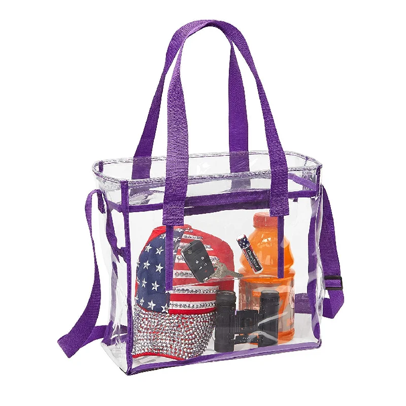 Women's tote bags striped-pattern -Deluxe Clear 12 x 12 x 6 Cross-Body Stadium Tote Bag with Zipper Closure and Interior Pocket (CH-1212A-PUR) - Purple Trim