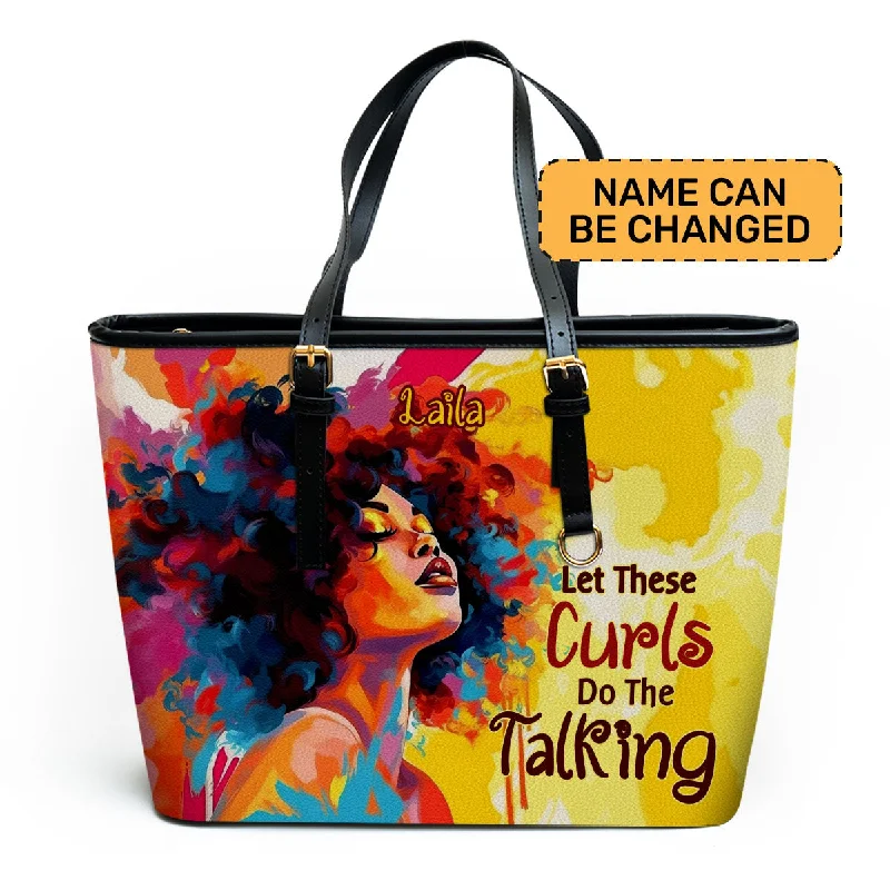 Women's tote bags patterned -Let These Curls Do The Talking - Personalized Leather Totebag SB18