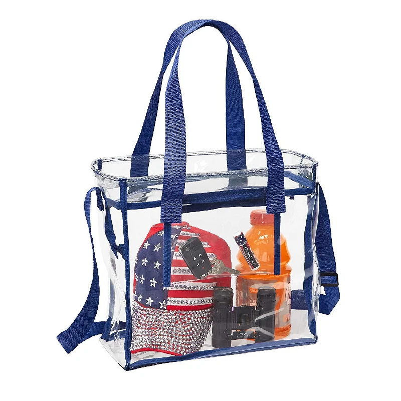 Women's tote bags patterned-style -Deluxe Clear 12 x 12 x 6 Cross-Body Stadium Tote Bag with Zipper Closure and Interior Pocket (CH-1212A-NAVY) - Navy Trim