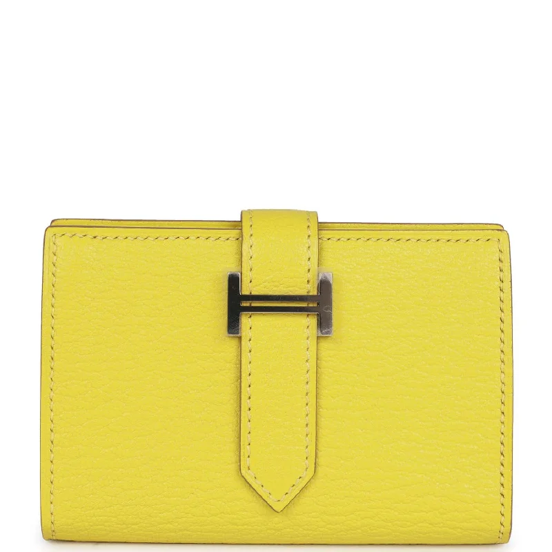 Women's wallet bold hues -Hermes Bearn Mini Wallet Lime Chevre Mysore Palladium Hardware