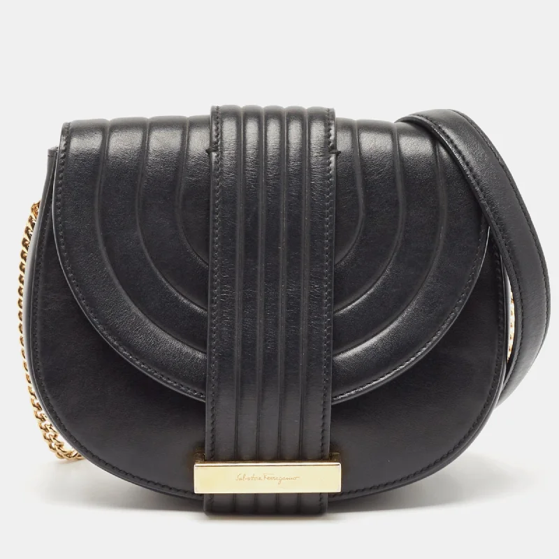 Women's crossbody bag fashion edition -Salvatore Ferragamo Black Quilted Leather Rosette Crossbody Bag