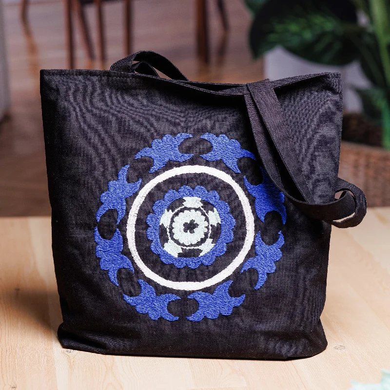 Women's tote bags all-season -Cotton Tote Bag with Suzani Hand-Embroidered Mandala Motif - Mandala Vibes