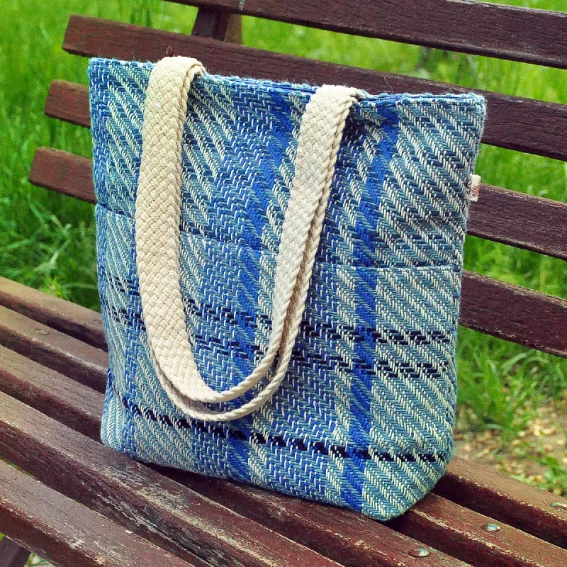 Women's tote bags boho -Blue and White Striped Wool Tote Bag Hand-Woven in Armenia - Delightful Blue