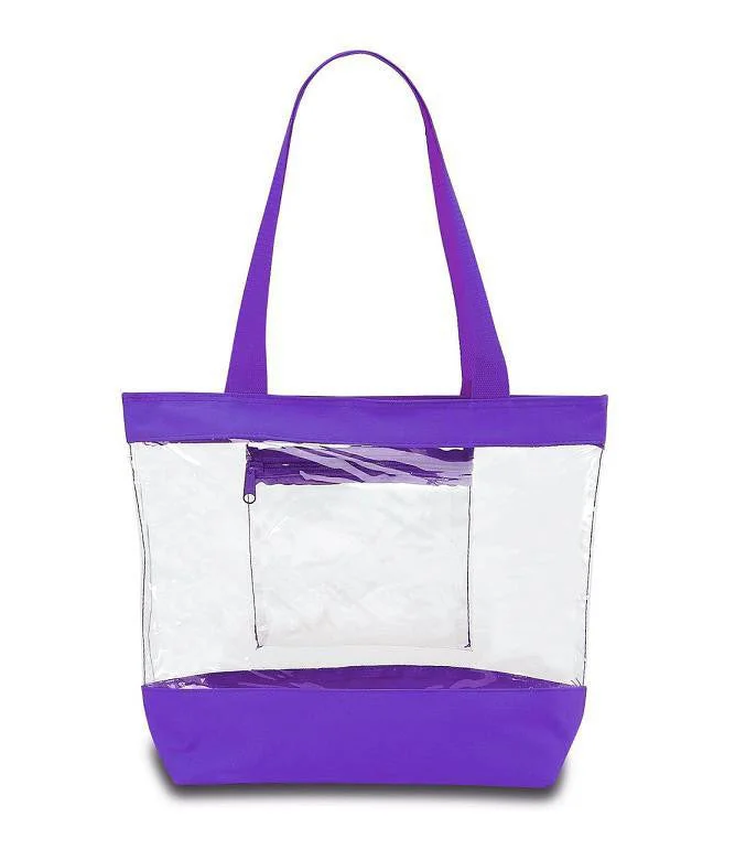 Women's tote bags flap-style -Medium Clear Tote Bag w/ Zipper Closure and Interior Pocket - Purple (BG201-PUR)