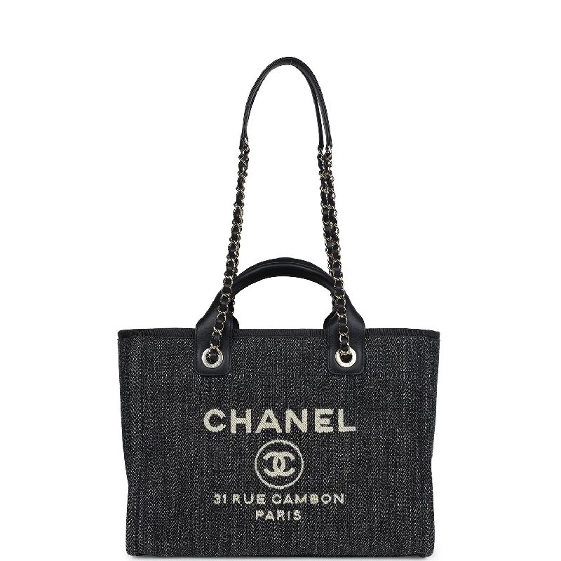 Women's tote bags versatile-chic -Chanel Small Deauville Shopping Tote Dark Blue Denim Light Gold Hardware