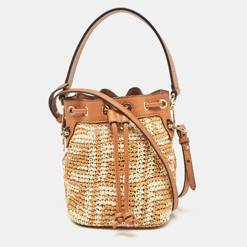 Women's bucket bag affordable ensemble -Fendi Brown/beige Zucca Leather And Raffia Mini Mon Tresor Drawstring Bucket Bag