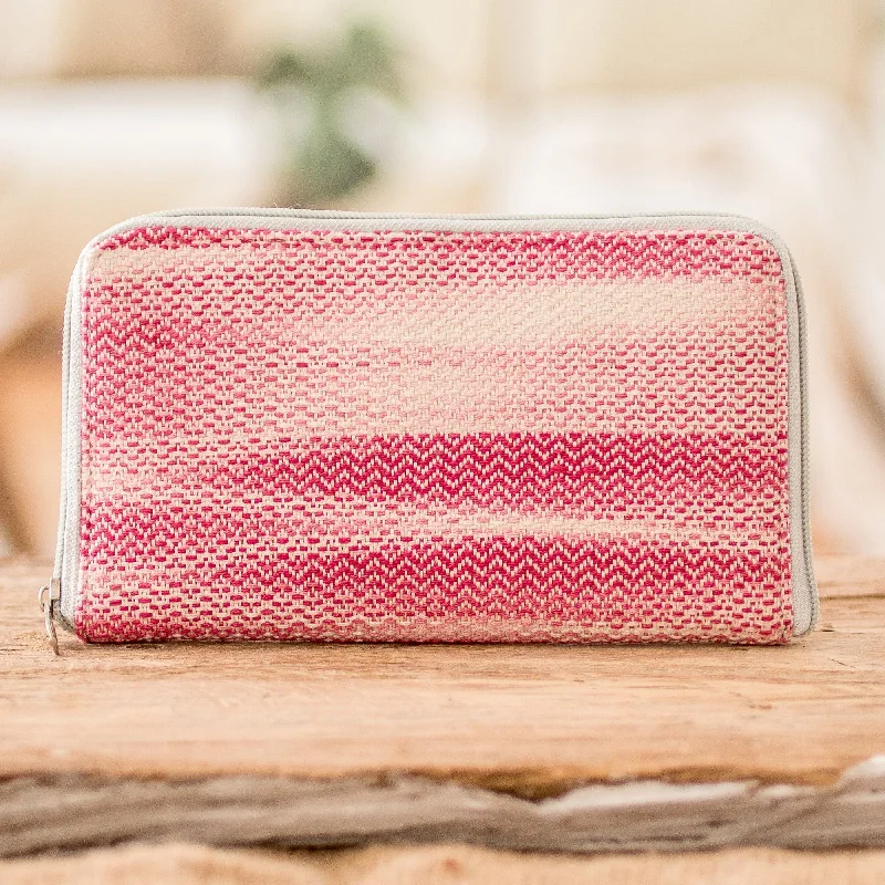 Women's wallet limited edition -Hand-Woven Cotton Zipper Wallet in Cherry Pink and White - Colors of Tradition in Cherry