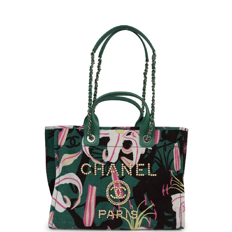 Women's tote bags grey-minimal -Chanel Small Deauville Shopping Tote Green and Pink Tropical Floral Velvet Light Gold Hardware