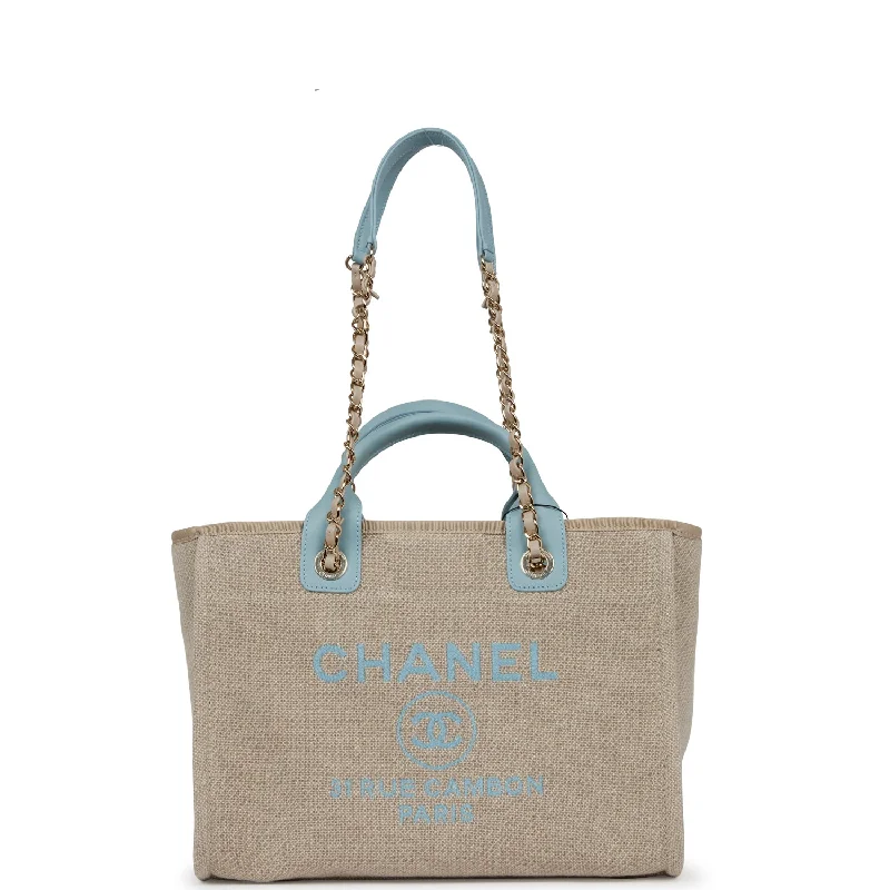 Women's tote bags canvas-casual -Chanel Small Deauville Shopping Tote Blue and Beige Boucle Light Gold Hardware