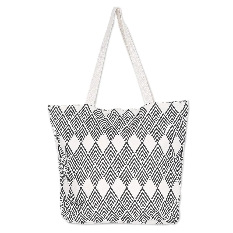 Women's tote bags minimalist -Hand-Block Printed Cotton Tote Bag with Black Diamonds - Black Rhombus