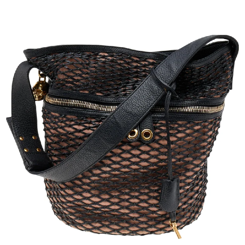 Women's bucket bag high-end outfit -Alexander Mcqueen /peach Woven Detail Leather Skull Bucket Bag