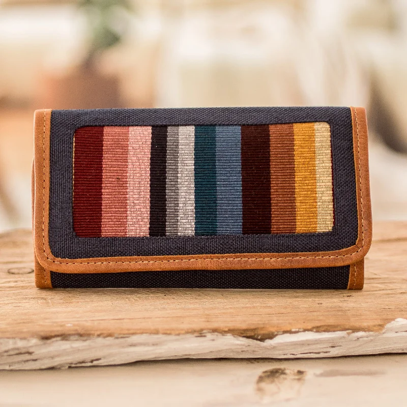 Women's wallet relaxed feel -Handwoven Cotton Wallet with Leather Trim & Colorful Stripes - Ethereal Blue