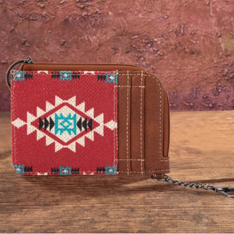 Women's wallet squad apparel -Montana West Burgandy Aztec Zip Card Case