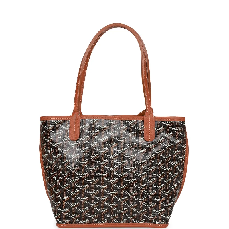 Women's tote bags structured-shape -Goyard Goyardine Black Anjou Mini Reversible Tote Bag Palladium Hardware