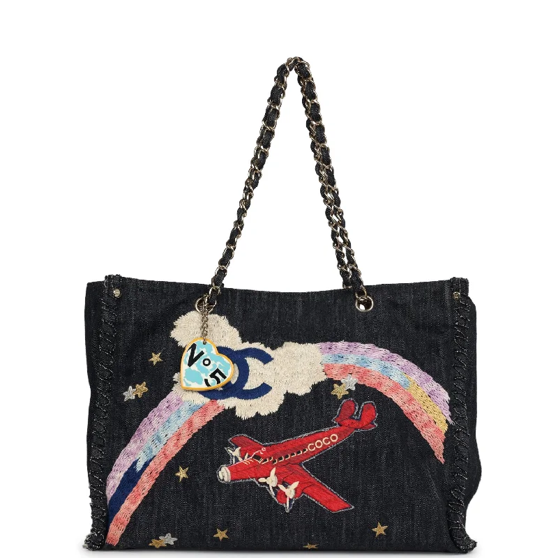 Women's tote bags white-modern -Pre-owned Chanel Night Flight Embroidered Shopping Tote Multicolored Denim Gold Hardware