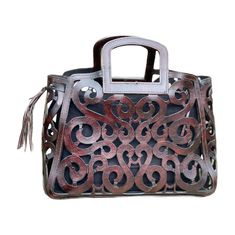 Women's tote bags chic -Hand-tooled Leather Large Tote "NOTA" by ALLE Cut-Out Tooling more colors