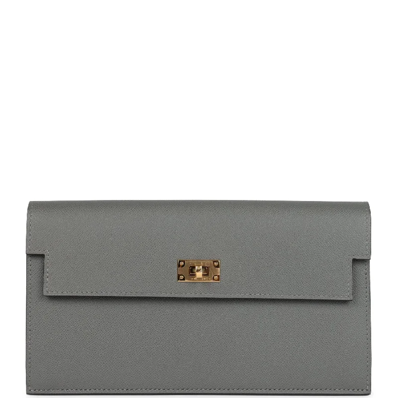 Women's wallet slim profile -Hermes Kelly Pocket Long Wallet Gris Meyer Madame Gold Hardware