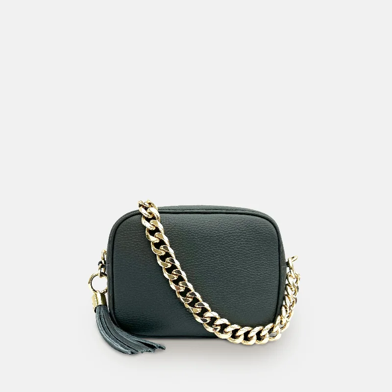 Women's crossbody bag wholesale offer -Dark Grey Leather Crossbody Bag With Gold Chain Strap