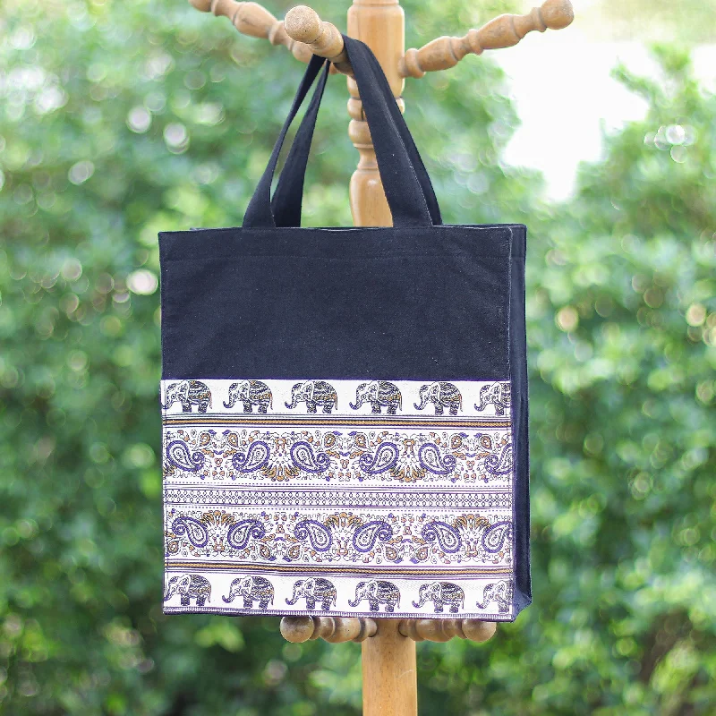 Women's tote bags casual-style -Elephant and Paisley Printed Cotton Tote Bag from Thailand - Sage Day