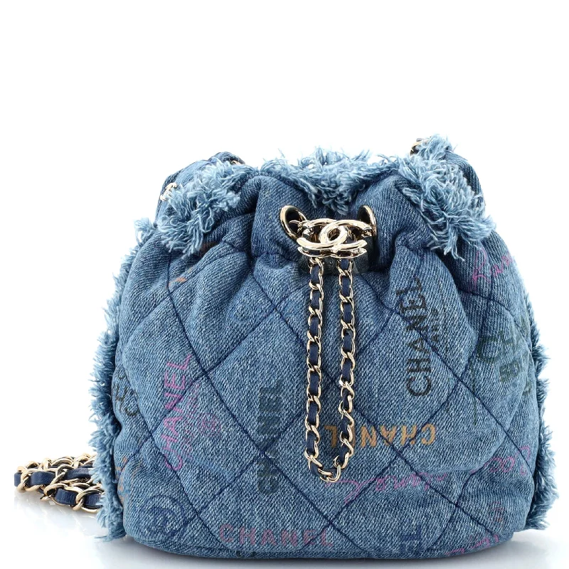 Women's bucket bag comfortable carry -Denim Mood Chain Bucket Bag Logo Printed Quilted Fringe Denim Medium