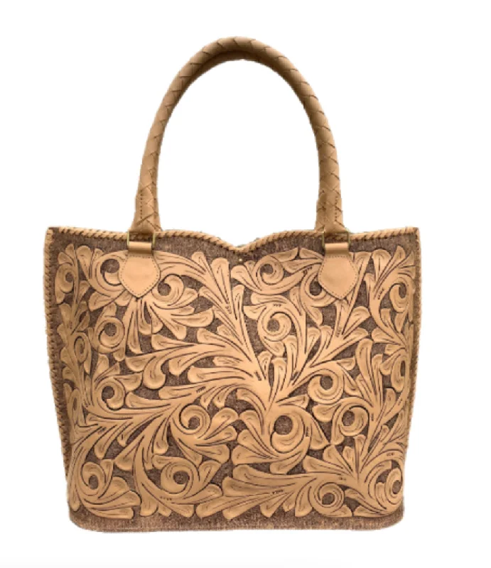 Women's tote bags open-charm -Hand Tooled Leather Tote, "Ibiza" by ALLE, Beige Color