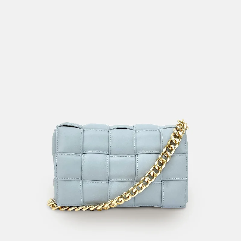 Women's crossbody bag weather-proof tech -Blue Padded Woven Leather Crossbody Bag With Gold Chain Strap