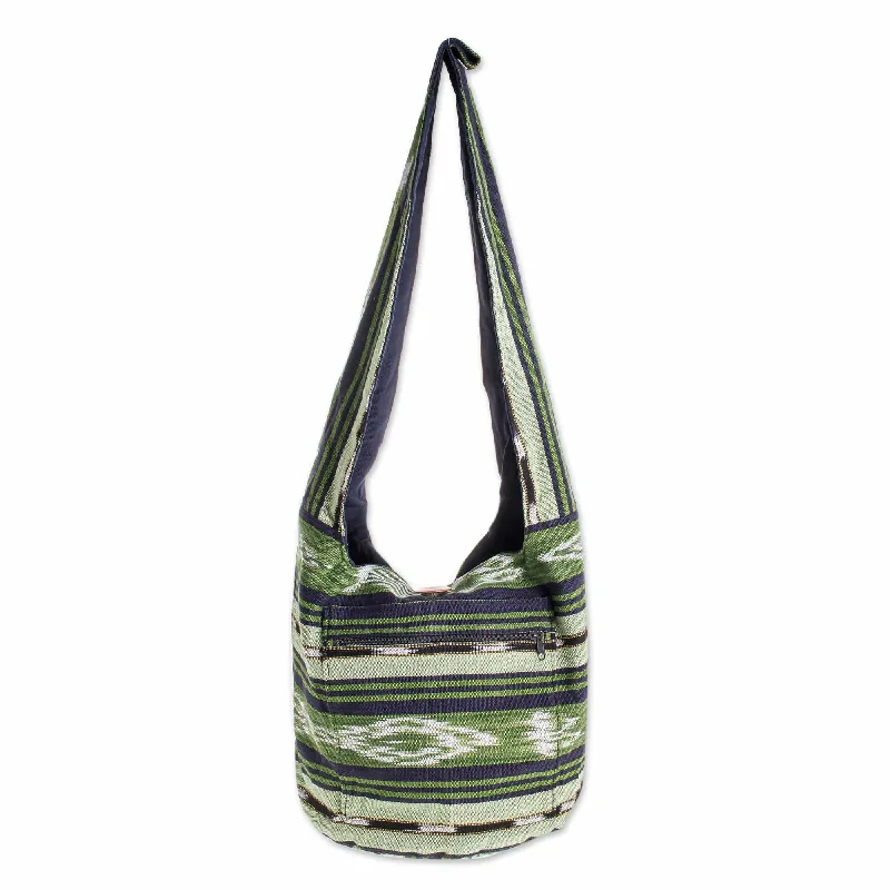 Women's bucket bag everyday carry -Handwoven Geometric Cotton Bucket Bag in Green - Verdant Paths