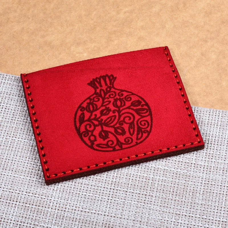 Women's wallet high-end craftsmanship -Pomegranate-Themed Red Suede Card Holder from Armenia - Romance Icon