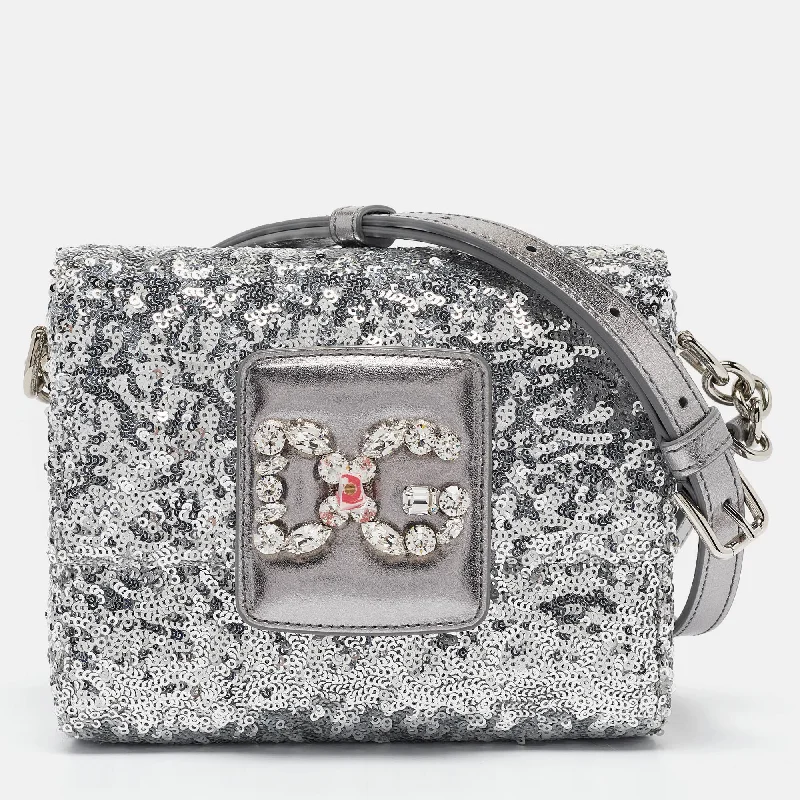 Women's crossbody bag brand emblem -Dolce & Gabbana Silver Sequins And Leather Dg Millennials Crossbody Bag