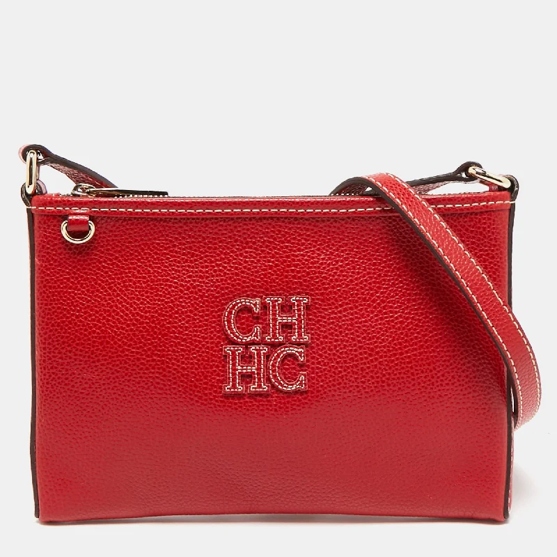 Women's crossbody bag size variety -Carolina Herrera Red Leather Logo Zip Crossbody Bag