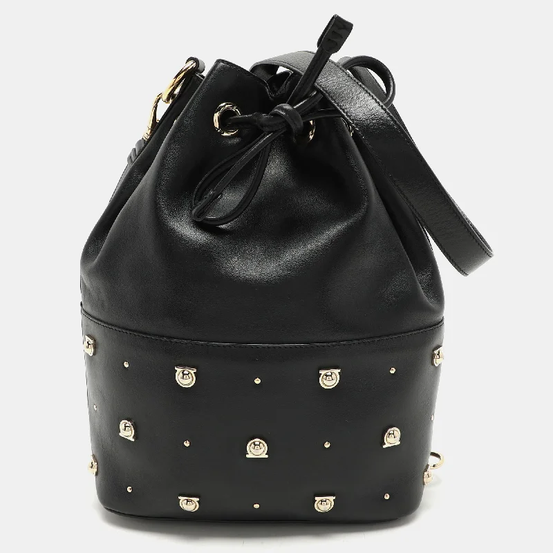 Women's bucket bag custom outfit -Salvatore Ferragamo Black Leather Gancio Stud Bucket Bag