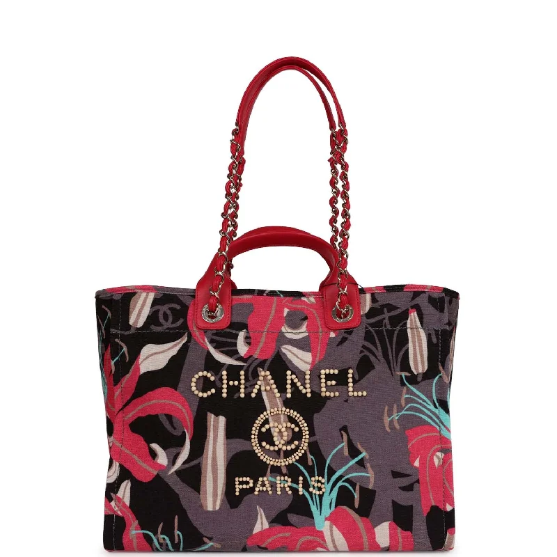 Women's tote bags brown-rich -Chanel Medium Deauville Shopping Tote Grey and Pink Tropical Floral Velvet Light Gold Hardware