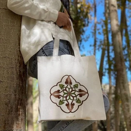 Women's tote bags summer -Hand-Painted Leaf and Tree Cotton Tote Bag from Armenia - Khosrov Forest