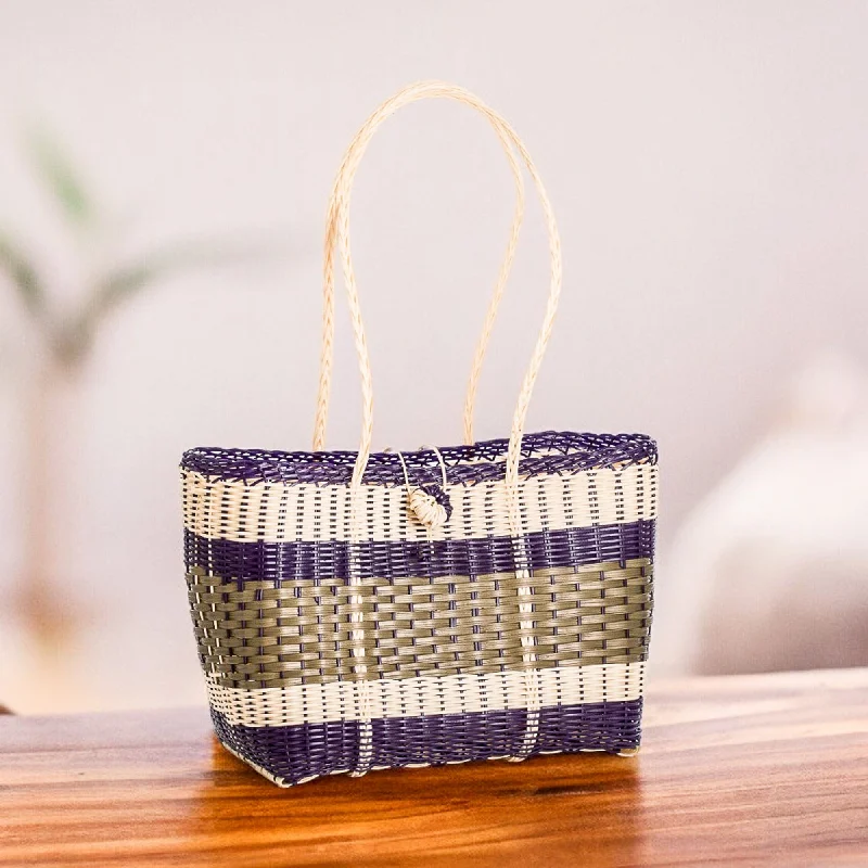 Women's tote bags retro -Eco-Friendly Handwoven Green Beige Blue Tote with Stripes - Stunning Stripes